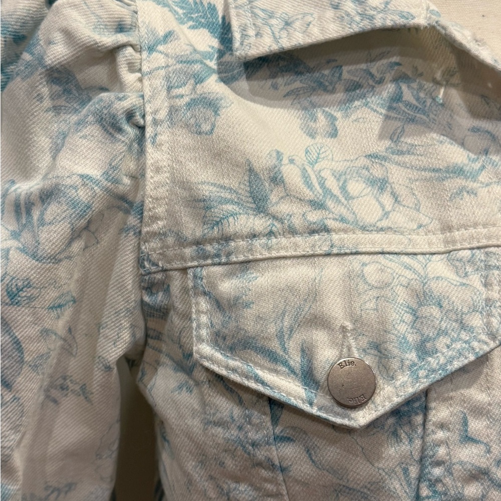 Elie Tahari Cropped Denim Jacket Floral Puff Sleeve Blue White Size S - Picture 7 of 7